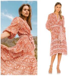 Cleobella Sara Floral Belted Midi Dress Size Medium Orange Terracotta Boho